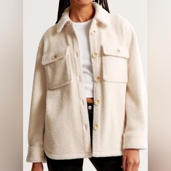 Abercrombie & Fitch Sherpa Teddy Cream Button Pocket Shacket Jacket New Out Tag - Picture 3 of 16